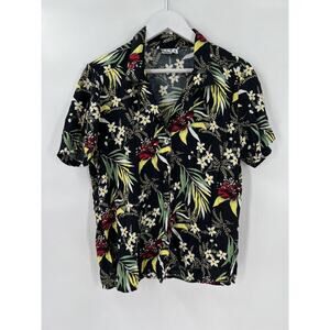 Erena Vintage Blouse Womens Large Button Up Black Short Sleeves Casual Tropical